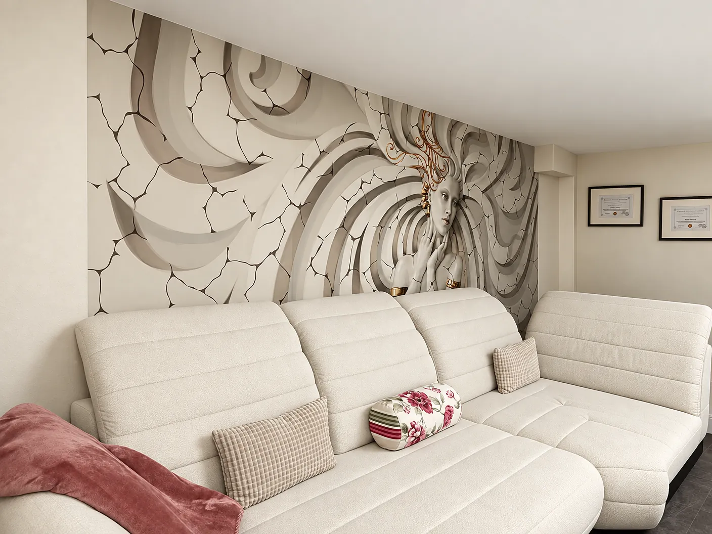 Lounge mit weißem Sofa vor dem Wandbild